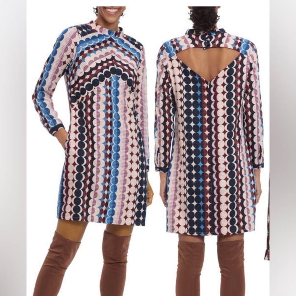 Donna Morgan Geometric Print A-Line Empire Dress w/ Long Sleeves High-Neck
